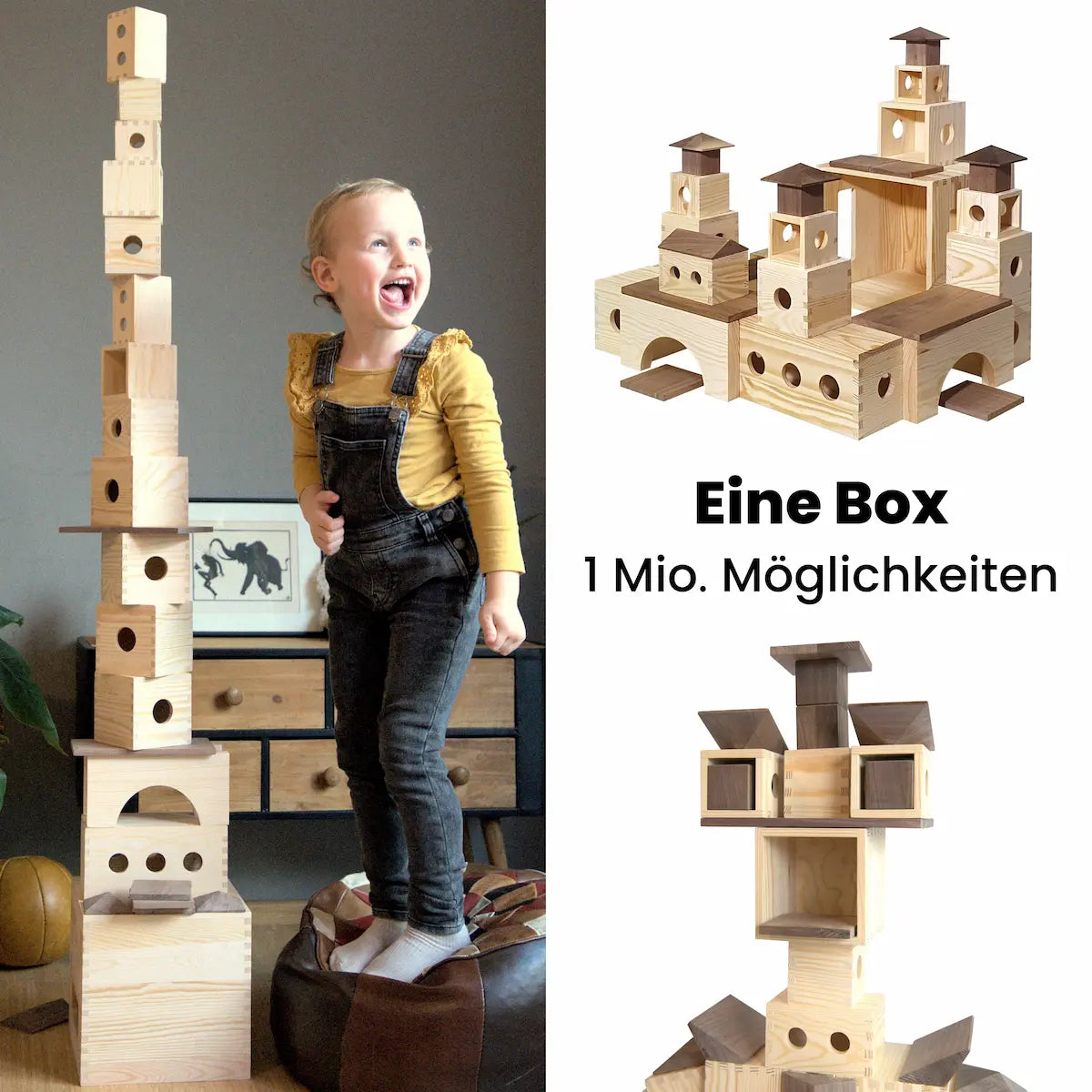 Vertikal geteiltes Bild_Links eine lachendes Kind neben einem hohen Turm aus Bauklötzen der Matzboox, Rechts 2 Baumuster und dazwischen der Text " Eine Box - eine Millionen Möglichkeiten"