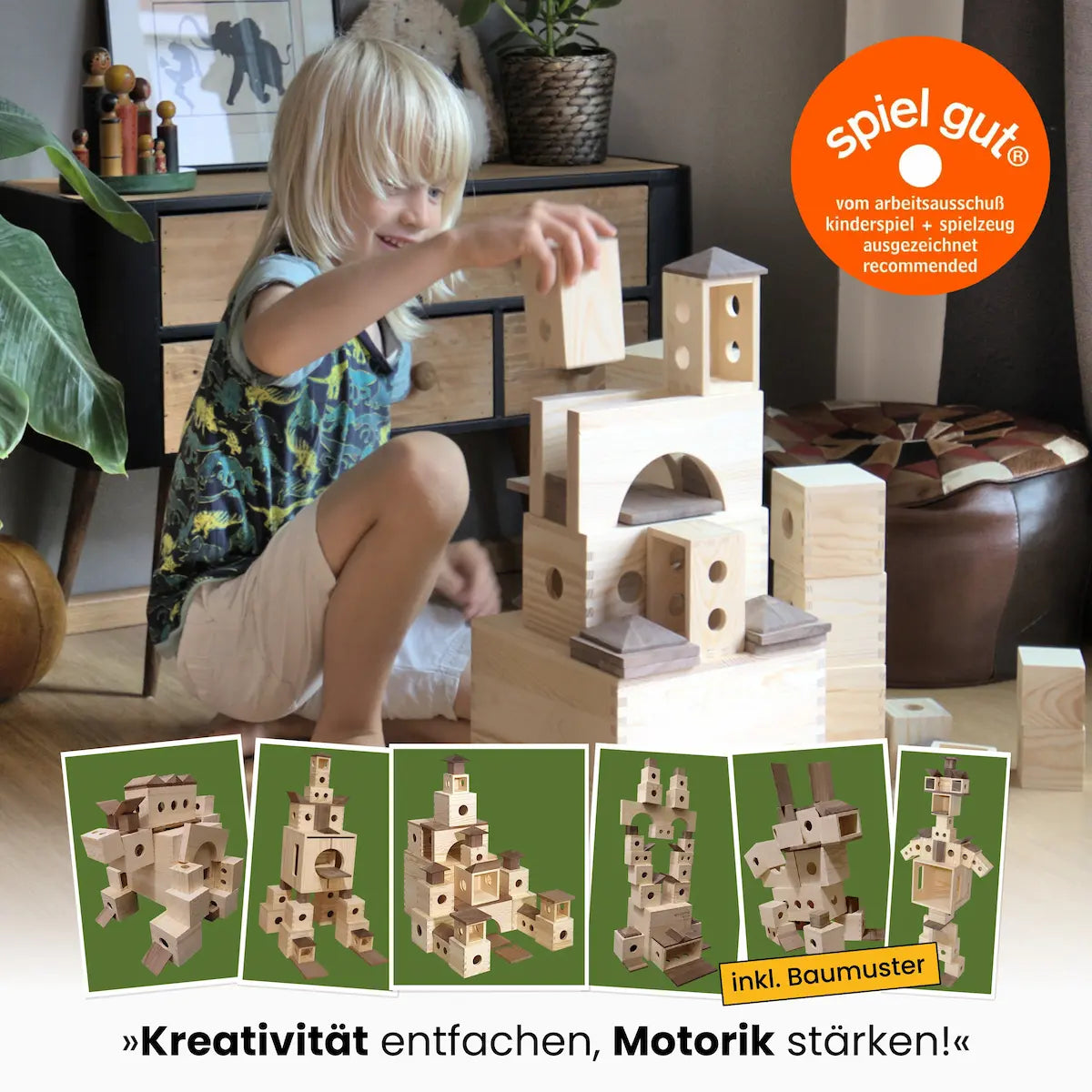 Foto Kind baut glücklich mit der Matzbox, obenlinks das spiel gut Logo, unten eine Aufreihung von 6 Baumusterfotos auf grünem Hintergrund. Ganz unten der Text "Kreativität entfachen, Motorik stärken"